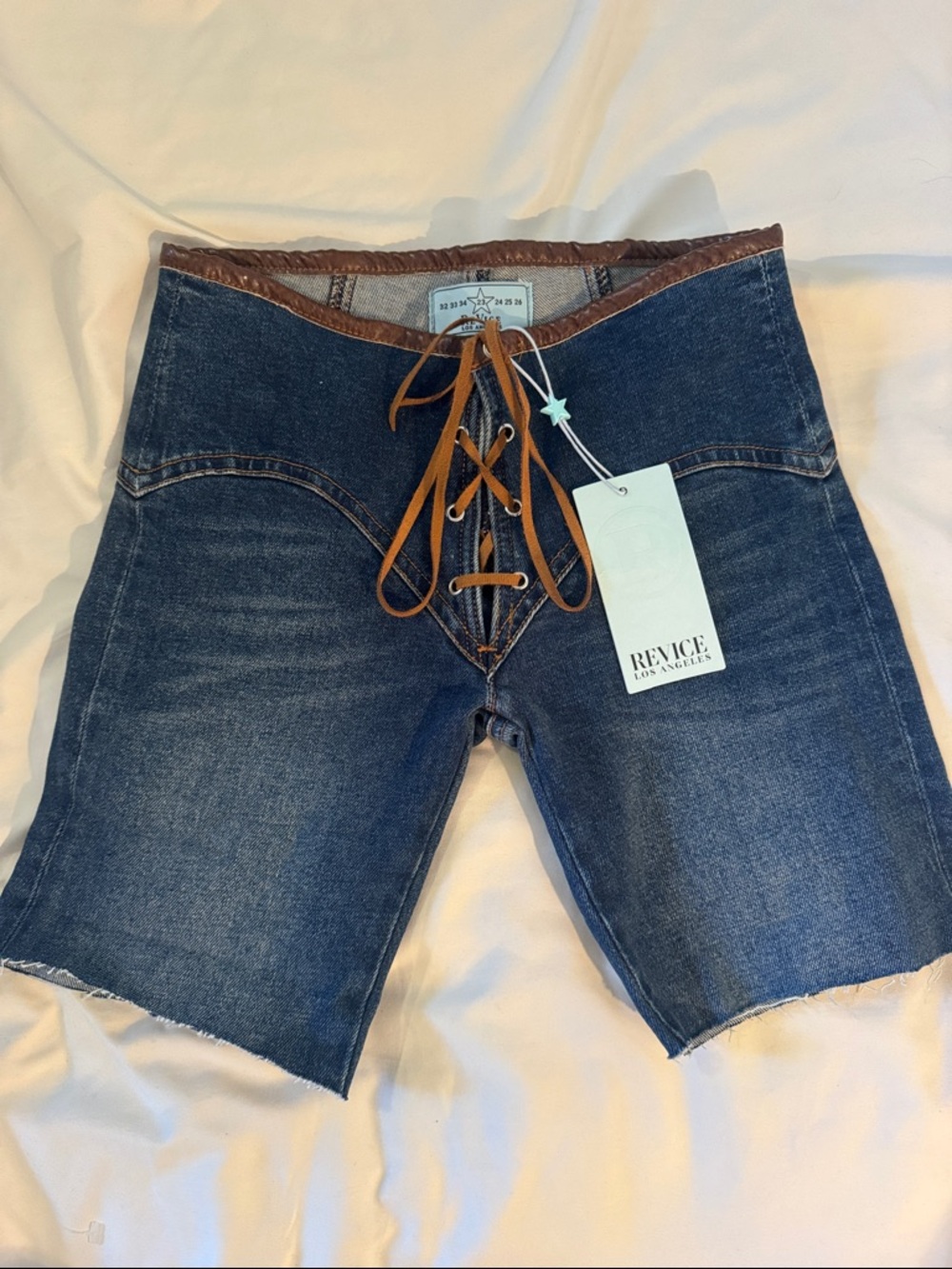 REVICE Dark Blue Denim Lace-Up Shorts with Brown Trim